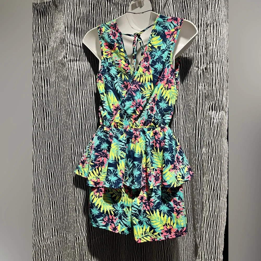 Charlotte Russe Tropical Print Skort Dress- Blue, Pink, Yellow